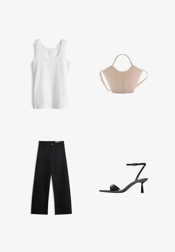 Top bianco a canotta con scollatura a giro, realizzato in tessuto leggero e liscio. Presenta spalline larghe e un orlo dritto.; Pantaloni in denim neri a gamba larga con vita alta, dotati di tasche anteriori e posteriori, cuciture a punto, e chiusura con bottone. Texture liscia.; Bershka Sandali con tacco - black; Borsa in pelle beige con una forma unica, caratterizzata da due manici corti e una lunga tracolla regolabile. Texture liscia con hardware minimale.