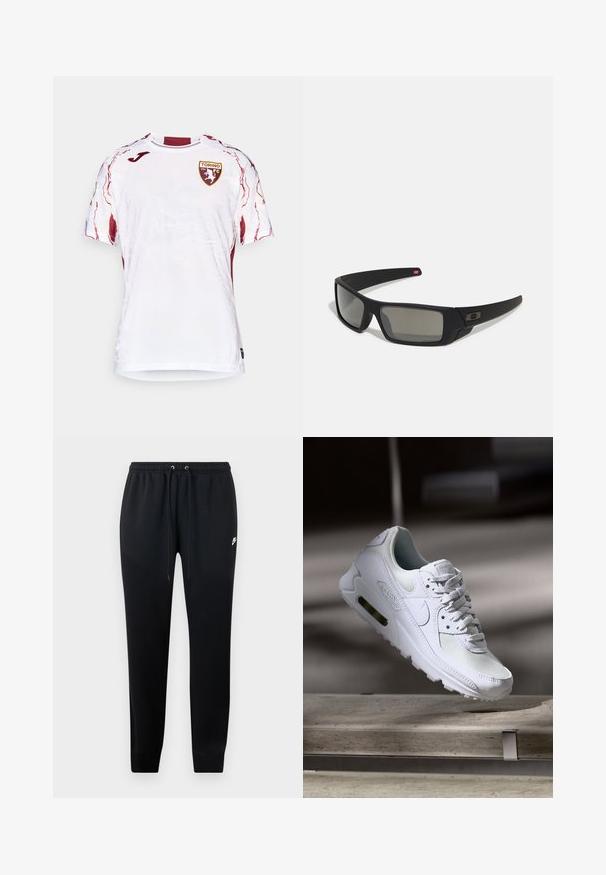 Camisola branca de manga curta com um design texturizado, detalhes em bordô e o emblema do Torino FC no lado esquerdo do peito.; Calças de moletom pretas feitas de um tecido macio, com uma cintura elástica e cordões, punhos nas pernas e um pequeno detalhe do logo de lado.; Sapatilha Nike Air Max 90 branca com parte superior em malha e couro, caixa de dedos perfurada e uma unidade de ar visível no calcanhar.; Óculos de sol pretos com acabamento mate, lentes retangulares, leve curvatura nas hastes, detalhe sutil do logo e lentes de cor fumada.