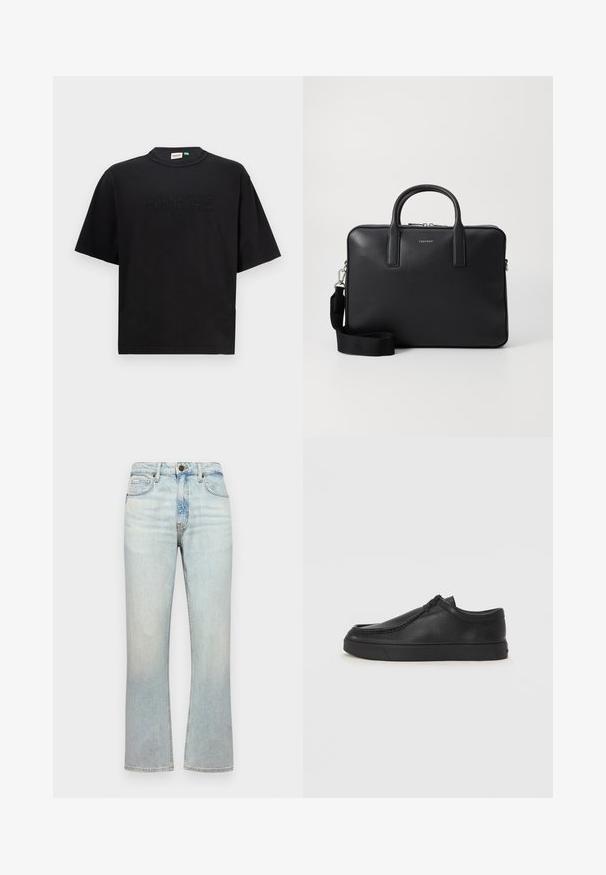 Černé bavlněné tričko s kulatým výstřihem a krátkými rukávy. Na přední straně se nachází reliéfní text "GUESS ORIGINALS". Jednoduchý, uvolněný střih.; Světle modré džínové kalhoty s vysokým pasem, rovného střihu a mírným vyblednutím. Obsahují pět kapes a kovové zapínání na knoflík.; Černé kožené nazouvací boty s kulatou špičkou, prošitím a černou gumovou podrážkou. Hladký povrch s minimalistickým designem.; Černý kožený aktovka s strukturovaným povrchem, dvojitými uchy, odnímatelným ramenním popruhem a předním logem. Uzavření na zip.