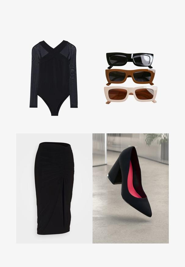 Schwarzer Bodysuit mit langen Mesh-Ärmeln, tiefem V-Ausschnitt und figurbetontem Design, das den glatten Stoff und die schlichte Konstruktion betont.; Schwarzer, geraffter Bleistiftrock mit Bindegürtel und seitlichem Schlitz. Hergestellt aus einem dehnbaren Stoff, mit glatter Textur und figurschmeichelndem Design.; Schwarzer High Heel Schuh mit spitzer Zehe, strukturiertem Obermaterial und lebhaftem pinken Innenraum. Verfügt über einen dicken Absatz mit silberner Akzentuierung.; Drei Paare rechteckiger Sonnenbrillen. Oben: glänzende schwarze Fassungen mit dunklen Gläsern. Mitte: matte braune Fassungen. Unten: cremefarbene Fassungen mit braunen Gläsern.
