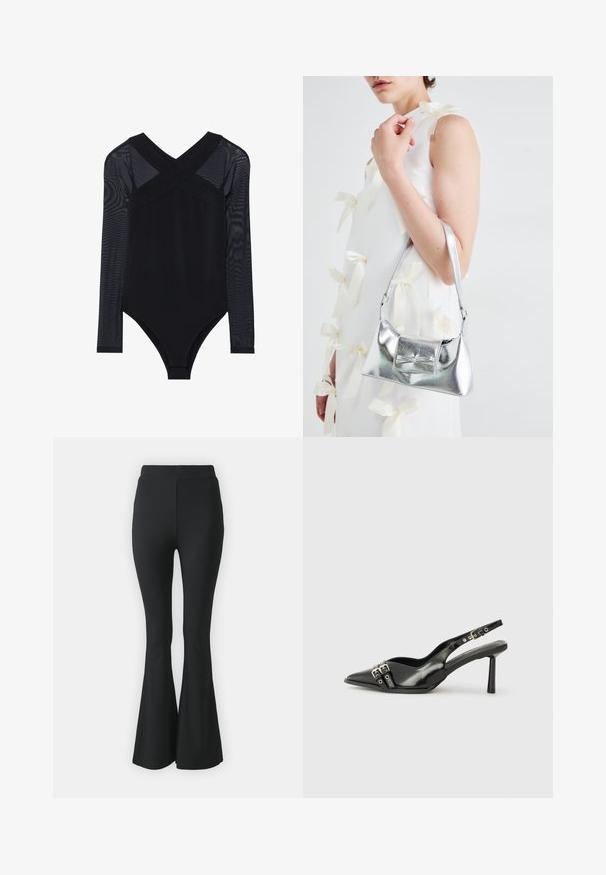 Black bodysuit featuring long mesh sleeves, a deep V-neck, and a fitted design, highlighting smooth fabric and understated construction.; Black flared trousers made from stretchy fabric. Features a high waistband and a smooth, fitted design that flares from the knee downward.; Black patent leather slingback shoe with pointed toe, ankle straps featuring silver buckles and hardware, and a slender heel.; Silver metallic handbag with a structured shape, featuring a top handle and bow detail on the front. Smooth texture, reflective finish.