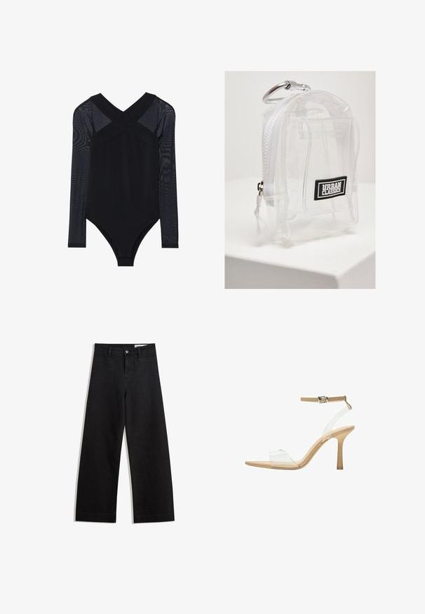Crna bodi haljina s dugim mrežastim rukavima, dubokim V-izrezom i prilagođenim dizajnom, naglašava glatku tkaninu i suptilnu konstrukciju.; Crne široke traperice s visokim strukom, s prednjim i stražnjim džepovima, šivenim šavovima i kopčanjem na gumb. Glatka tekstura.; Sandal s prozirnim potplatom i prozirnim gornjim dijelom, bež uloškom i tankim remenom oko gležnja. Ima špicasti vrh i tanak visoki potplat.; Prozirni PVC mini ruksak s bijelim zatvaračem i remenom. Ima crnu oznaku i srebrnu karabinu. Kompaktni pravokutni oblik.; Narukvica od zlatnog tona s međusobno povezanim karikama, koja sadrži dekorativnu oznaku "Aries" u stiliziranom fontu, sjajnu završnu obradu i kopču na mehanizam jastožera.
