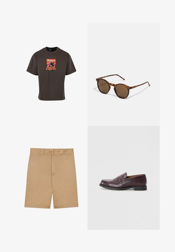 Camiseta de algodón de color marrón oscuro con un estampado gráfico de un coche y la palabra "Market" en colores vibrantes, con un corte relajado y mangas cortas.; Shorts caqui con una cinturilla plana, cierre frontal y bolsillos laterales; están hechos de una tela ligera y suave con una sutil textura.; Mocasines de cuero burdeos con punta redondeada, sutiles detalles de costura y una suela baja negra. Diseño clásico con mínimas decoraciones.; Gafas de sol redondas con montura de Carey's y lentes marrones. Presentan patillas delgadas con ligera textura y acentos metálicos cerca de los lentes.