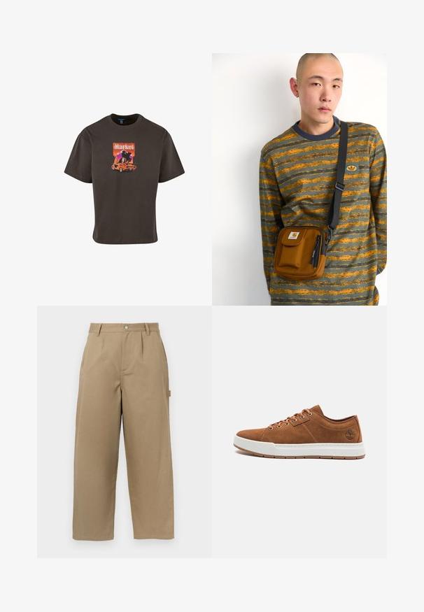 Sötétbarna pamut póló, autós grafikával és a "Market" szó élénk színekkel, laza fazonban és rövid ujjakkal.; Bézs színű, bő szabású nadrág pamutkeverékből, magas derékkal, elöl pliszírozással és két oldalsó zsebbel, amelyek gombbal záródnak.; Barna velúr tornacipő fehér gumitalppal, kerek orral, hat fém fűzőlyukkal, és dombornyomott logóval az oldalon. Klasszikus fűzős dizájn.; Barna anyagú, cipzáros, keresztpántos táska elülső zsebbel; szürke és narancssárga csíkos, hosszú ujjú pólón viselve, logóval.