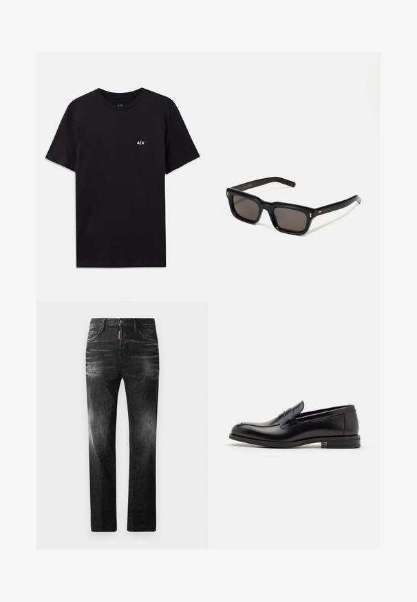 Černé bavlněné tričko s krátkým rukávem a kulatým výstřihem, na levé části hrudi s malým bílým logem "A|X". Hladký povrch.; Černé džíny z denimu se rovnými nohavicemi. Obsahují vybledlé oblasti, drobné poškození, klasický pětikapsový design a zapínání na knoflík.; Černé kožené polobotky s hladkou texturou, zaoblenou špičkou a zdobným páskem přes nárt. Nízký stohovaný podpatek, minimalistický design.; Černé obdélníkové sluneční brýle s tmavými skly, silným plastovým rámem, zlatými akcenty na spáncích a vyrytým logem značky na nožičce.