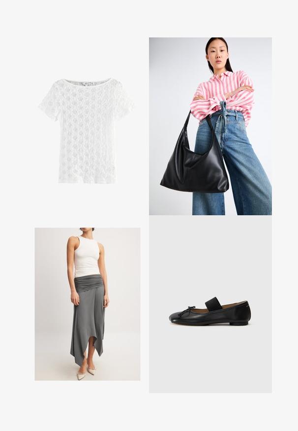 Top blanco de manga corta hecho de encaje, con un cuello redondo y una textura estampada con un diseño de tejido abierto.; Top sin mangas de color blanco combinado con una falda gris fluida que tiene una cintura fruncida y un dobladillo asimétrico. La modelo lleva puestos zapatos de tacón beige.; Bailarinas de cuero negro con punta redondeada, un pequeño detalle de nudo y una correa elástica en el empeine para un ajuste seguro. Suela plana.; Bolso de hombro de cuero negro con forma relajada y detalles de costura. La modelo lleva una camisa a rayas rosas y blancas con jeans de pierna ancha azules.
