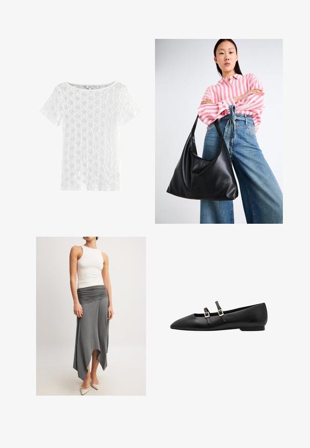 Weißes Kurzarmoberteil aus Spitze mit rundem Ausschnitt und gemusterter Textur im offenen Gewebedesign.; Ärmelloses weißes Tank-Top in Kombination mit einem luftigen, grauen Rock mit einer gerafften Taille und asymmetrischem Saum. Das Modell trägt beige High Heels.; Schwarze Lederflachschuhe mit spitzem Zeh, ausgestattet mit zwei schwarzen Riemen und goldenen quadratischen Schnallen. Glatte Textur und flache Sohle.; Schwarze Leder-Umhängetasche mit einer lässigen Form und Nahtdetails. Das Modell trägt ein pink-weiß gestreiftes Hemd zu weit geschnittenen blauen Jeans.