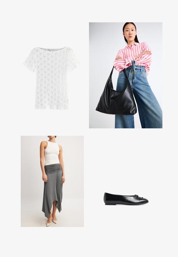 Balta trumpa rankovėmis palaidinė, pagaminta iš nėrinių, su apvaliu iškirpimu ir raštuotu tekstūriniu atviru audiniu.; Balta be rankovių marškinėliai derinami su laisvu pilku sijonu, kuriame yra raukšlėta juosta ir asimetrinė apačia. Modelis dėvi smėlio spalvos aukštakotę avalynę.; Juodas odinis baletas su apvaliu pirštu, mažas kaspino detalė priekyje ir žemas, lankstus padas. Sklandžios tekstūros visame paviršiuje.; Juodas odinis peties krepšys su laisvu siluetu ir siūlų detalėmis. Modelis vilki rožinės ir baltos spalvos dryžuotą marškinėlį bei plačius mėlynus džinsus.