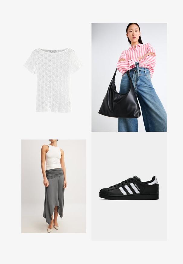Valge lühikeste varrukatega ülikond, mis on valmistatud pitsist, ümmarguse kaelusega ja mustriga tekstuuriga, millel on avatud kudumise disain.; Varrukateta valge top, millele on sobitatud voolav hall seelik, millel on rüüti vöökoht ja asümmeetriline äär. Mudel kannab beeži kontsaga jalanõusid.; Mustad musta värvi Adidas Superstar toss, millel on valged triibud, koonuseline varvas ja küljes "Superstar" tekst, esitatud külgvaates valgel taustal.; Must musta õlakott lahtise kuju ja õmbluse detailidega. Mudel kannab roosa ja valge triibulist särki koos laia jalgadega siniste teksadega.