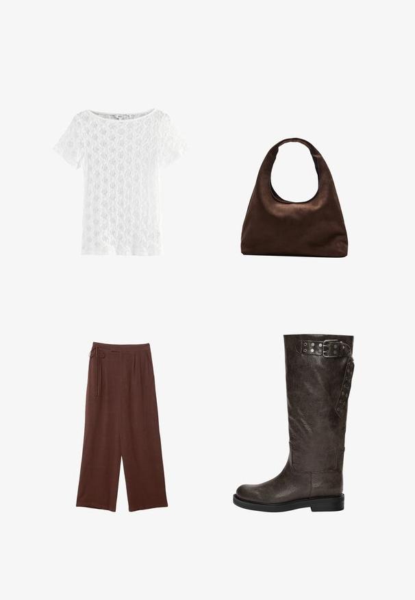 Witte top met korte mouwen, gemaakt van kant, met een ronde halslijn en een gepatterde textuur met een open geweven ontwerp.; Bruine wijde broek met een elastische tailleband, voorzien van plooien en een zachte textuur, gemaakt van lichtgewicht stof.; Bruine leren laars tot de knie met een gestructureerde afwerking, voorzien van een gespsluiting en drukknoopaccenten aan de zijkant, en een vlakke rubberen zool.; Zachte bruine hobo-stijl handtas met een enkele brede schouderband en een gebogen opening aan de bovenkant, weergegeven op een witte achtergrond.