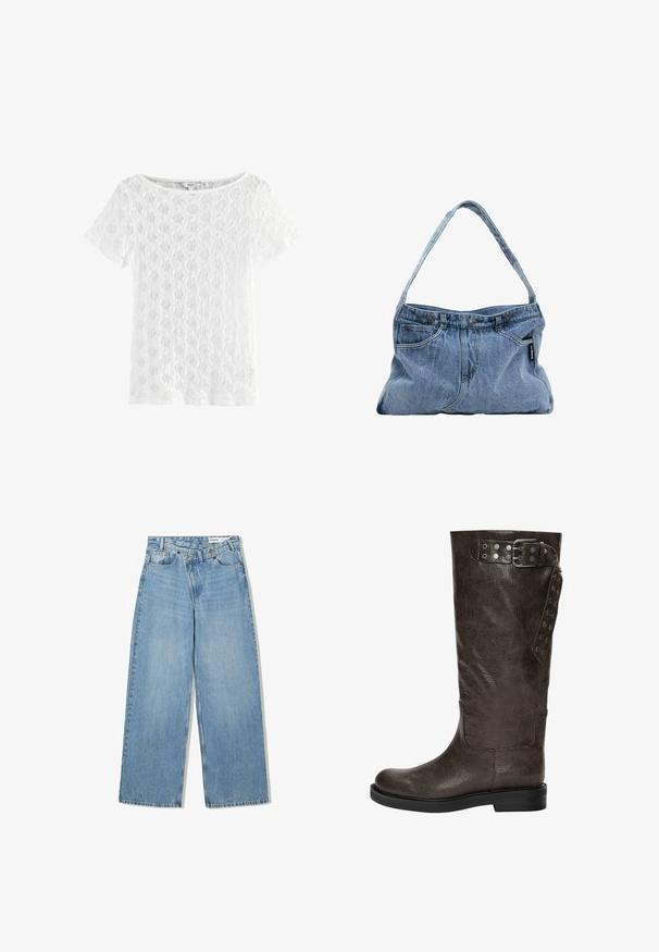 Top bianco a maniche corte realizzato in pizzo, con scollatura rotonda e texture decorata con un design a trama aperta.; Jeans azzurri a gamba larga realizzati in denim, con vita alta, cinque tasche, chiusura a bottone e una leggera scoloritura per aggiungere texture.; Stivale in pelle marrone fino al ginocchio con una finitura texturizzata, dotato di una fibbia e di dettagli a scatto laterali, e una suola di gomma piatta.; Borsa a spalla in denim con tracolla curva, due tasche frontali e cima con bottone, caratterizzata da un tessuto azzurro chiaro e dettagli di cucitura a contrasto.; Orecchini a cerchio in argento con una finitura liscia e lucida. Presentano una forma ovale unica e un design di chiusura sicura. Marcati "925" per argento sterling.