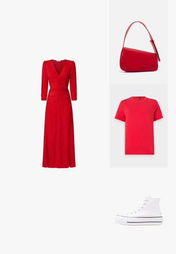 Rdeča bombažna majica s kratkimi rokavi in klasičnim krojem. Ima gladko teksturo in enostaven dizajn, brez vzorcev ali dodatkov.; Rdeča obleka z V-izrezom, rukavi do tri četrtine in nabranimi detajli v pasu in na hrbtu. Tkanina se zdi gladka in lahka.; Beli visoki platneni športni čevelj z črnim gumijastim podplatom, sprednjim gumijastim zaščitnikom za prste in šestimi luknjicami za vezalke, ki se ponaša s preprostim, minimalističnim dizajnom.; Rdeča usnjena torba z angularnim, geometrijskim dizajnom. Ima en samostoječ nastavljiv ročaj in pokrov, zaprt z zapiranjem, ki je okrašen s šivi.