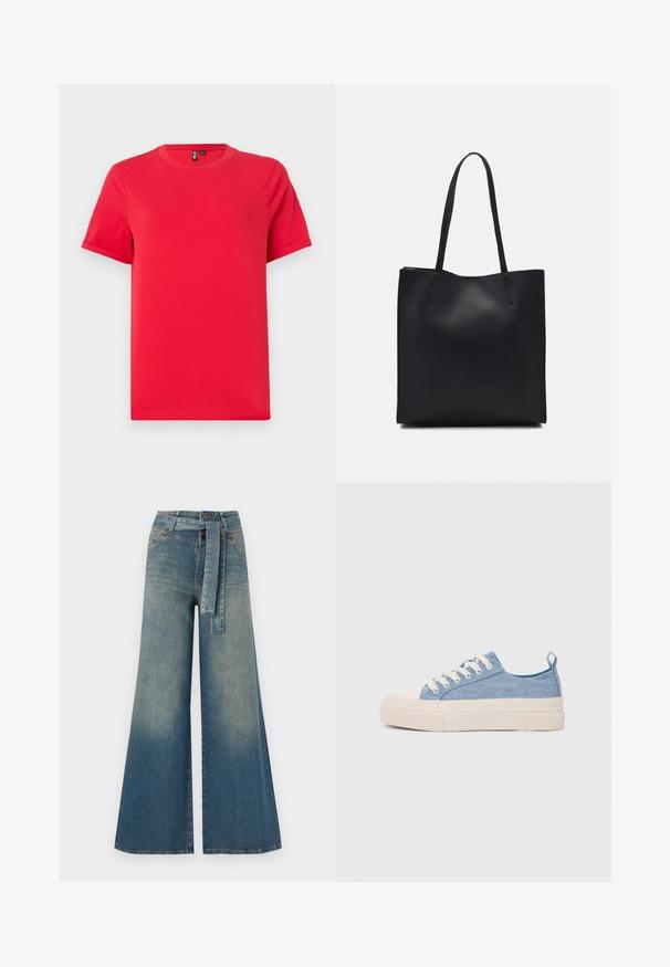 Rød bomulls T-skjorte med klassisk rund hals, korte ermer og en jevn tekstur. Har et enkelt design, uten mønstre eller detaljer.; Bredde ben jeans med en lyseblå til mørkeblå gradient, høyt liv, beltehemper og et matchende belte i samme stoff. Teksturert denimoverflate.; Lys blå canvastøfler med en kremfarget gummitupp og yttersåle, med hvite snørebånd og en løfteløkke på hælen.; Svart lær tote bag med glatt tekstur, rektangulær form og to lange håndtak. Ingen synlige deler eller dekorasjoner.
