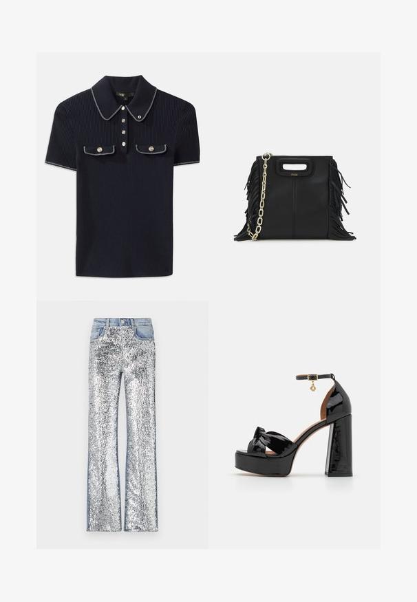 Laadukas tummansininen farkku-paita, jossa on tukeva kaulus, lyhyet hihat ja kaksi etutaskua, joissa on nepparit; valkoiset ompeleet korostavat tyyliä.; Valkoiset helmikirjailulla varustetut farkut, joissa on levenevä muotoilu, denimi-vyötärö ja sivut, jotka luovat tekstuurisen, heijastavan pinnan.; Maje Korolliset sandaalit - noir; Musta nahkakäekott, millel on frantsiisidetailid, kuldne õlgade rihm ja lõikega käepide. Ees on logo paigutus.