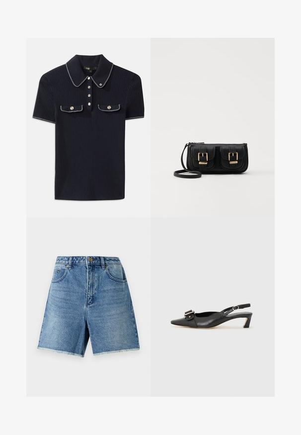 Granatowa polo z prążkowanej tkaniny, z kołnierzykiem w kształcie klapy, krótkimi rękawami i dwoma przednimi kieszeniami zapinanymi na napy; wyróżniająca się białymi przeszyciami.; Jeansowe szorty w jasnoniebieskim kolorze, z wysokim stanem, zapięciem na guziki, przednimi kieszeniami oraz postrzępionym wykończeniem, zapewniające luźny krój.; Czarne skórzane buty typu slingback z ostrym noskiem, małym obcasem i ozdobnym zapięciem na górze. Gładka faktura, minimalistyczny design.; Czarna skórzana torba na ramię z dwoma przednimi kieszeniami, złotymi klamrami, zamkiem błyskawicznym i cienkim paskiem. Teksturowana powierzchnia i kompaktowy prostokątny kształt.