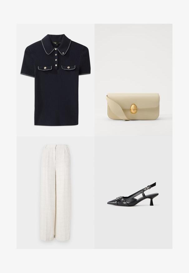 Marinblå ribbad polo-shirt med spetsig krage, korta ärmar och två framfickor med knappslut; framhävd med vita sömdekorationer.; Breda byxor i en ljus beige tyg med ett strukturerat, vävt mönster. Har en framåtriktad midja och inga synliga knäppningar.; Svart lädersko med slingback-design, spetsig tå, dekorativa remmar med metallöglor och en låg klack. Texturerad yta.; Beige läderhandväska med en slät yta, rektangulär form och en gyllene oval lås. Har en lång, justerbar rem.