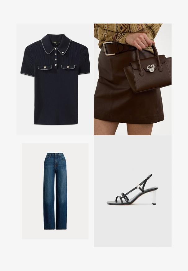Námornícky pruhovaný polo tričko s špicatým golierom, krátkymi rukávmi a dvoma prednými vreckami so zacvakávacími gombíkmi; zvýraznené bielymi stehovými akcentmi.; Rozšírené deninové nohavice v tmavomodrej farbe. Majú vysoký pás, zapínanie na gombík a klasický dizajn s piatimi vreckami. Hladká textúra s jemným vyblednutím.; Čierne sandále na vysokom opätku s viacerými úzkymi popruhmi, dizajnom so slingbackom a so strieborným akcentom na opätku. Hladký vrchný materiál a štvorcový opätok.; Hnedá kožená kabelka s textúrovaným povrchom a striebornými detailmi, držiaca sa v ruke vedľa hnedej koženej sukne a vzorovanej svetre.