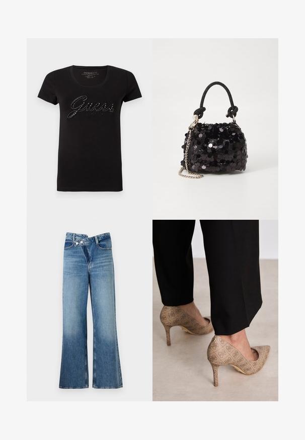 Sort bomulds t-shirt med korte ærmer og rund halsudskæring. Har et glimtende "Guess" logo i rhinsten på forsiden.; Lysblå denim flared jeans med høj talje, der har to knapper og forlommer. Stoffet har en falmet struktur med subtile variationer.; Beige høje hæle med et struktureret stof, der har et gentaget mønster. Spids tådesign med en bagsideaccent og guldhælsdetail.; Sort pailette mini håndtaske med en knyttet struktureret rem og sølv kæde. Rund form med samlet top og reflekterende detaljer.