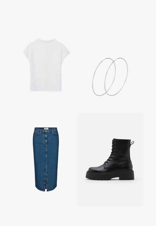 Weißes Kurzarmoberteil mit lockerer Passform, leichtem Material und rundem Ausschnitt. Die Rückansicht zeigt ein glattes, schlichtes Design.; Dunkelblauer Denim-Bleistiftrock mit einem Schlitz vorne, fünf Taschen und kontrastierenden Nähten. Mittlere Taillenhöhe mit klassischem Design.; Schwarze Lederstiefeletten mit runder Zehenpartie, Schnürung vorne und einer dicken Gummisohle mit strukturiertem Profil. Mit Zugschlaufe an der Rückseite.; Silberne Creolen mit minimalistischem Design. Rundform, glatte Oberfläche und dünnes Profil. Leichtgewichtig mit hochglänzender Oberfläche.