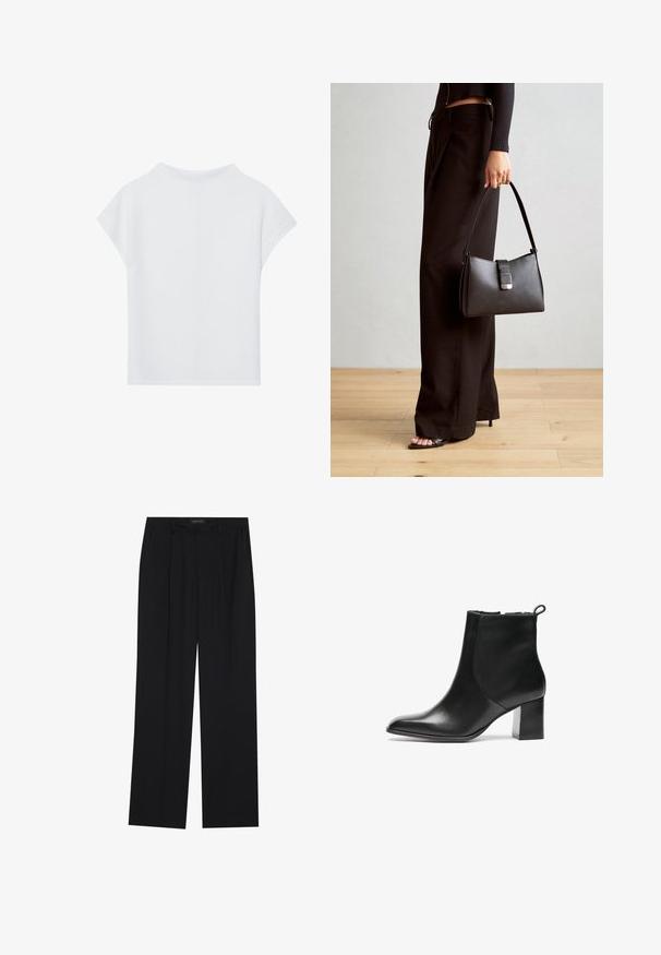 Biely krátky rukáv top so voľným strihom, ľahkým materiálom a zaobleným výstrihom. Zadný pohľad ukazuje hladký, jednoduchý dizajn.; Čierne nohavice so strihom rovného nohu, s dvoma prednými vreckami a pásom. Vyrobené z hladkej, ľahkej textílie.; Čierna kožená členková boot s okrúhlou špičkou, stredne vysokým blokovým podpätkom a pútkom na zadnej strane. Hladká textura, minimalistický dizajn.; Čierna kabelka so štruktúrovaným tvarom, hladkou textúrou a kovovou sponou. V kombinácii so širokými čiernymi nohavicami a sandálmi s otvorenou špičkou na drevenej podlahe.