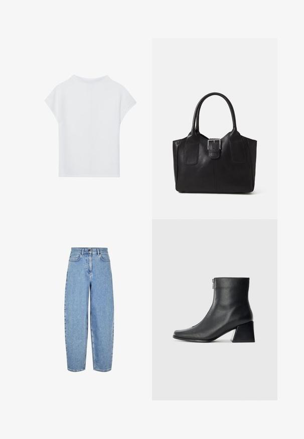 Valge lühikese varrukaga topp, mis on lõdva lõikega, kergest materjalist ja ümarate kaelustega. Tagantvaates on näha sujuv ja lihtne disain.; Heledad helesin sinised, kõrge vöökohaga teksad, lõdva istumise ja sirgete jalgadega, viie taskuga ning õrnade pleekimistega reie piirkonnas.; Must musta ankle bot, mille ruudukujuline varvas, külgriiv ja plokk-konts, heledal taustal.; Mustgamma nahast kott, millel on sile tekstuur, struktureeritud kuju, kaks käepidet ja esiküljel silmapaistev hõbedane pandla detail.