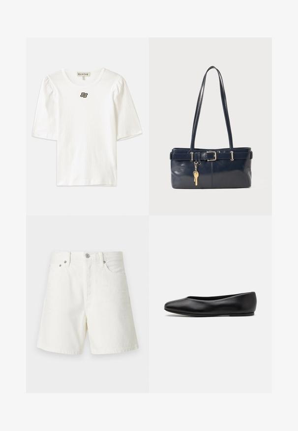 White ribbed short-sleeve top with a rounded neckline. Features subtle puff sleeves and a small brown logo detail at the center front.; White denim shorts with a straight cut, five-pocket design, front button closure, silver hardware, and stitched detailing.; Paul Smith TOPANGA - Ballet pumps - black; Navy leather handbag with two long handles, a buckle detail, and a keychain attached. Features a smooth texture and a rectangular shape.