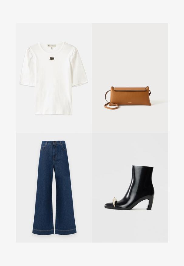 Balta juostuota trumpa rankovė viršutinė dalis su apvaliu iškirpimu. Pabrėžia subtilios pūstos rankovės ir mažas rudos spalvos logotipo detalės priekinėje dalyje.; Plati mėlynos džinsinės kelnės su aukštu liemeniu, turinčios mygtukų užsegimą, diržo kilpas ir subtilius siuvinėjimo akcentus ant kišenių bei apdailos.; Juodi aulinukai, pagaminti iš blizgios odos, su smailia nosimi ir dekoratyviu aukso bei sidabro akcentu priekyje. Bloko kulnas.; Ruda odinė rankinė, stačiakampio formos, tekstūruotas paviršius, nuimama juostelė, užtrauktukas, subtilus logotipas įspaustas priekyje.