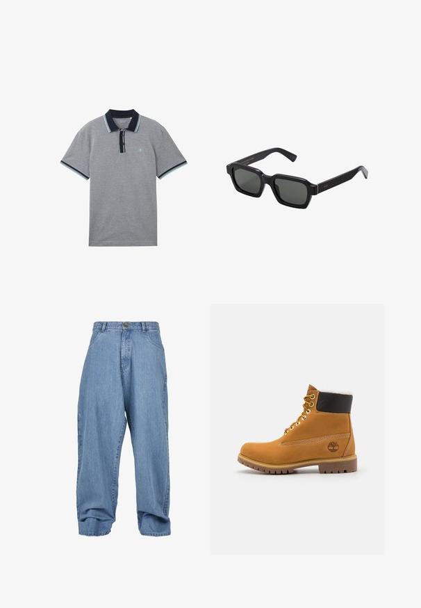 TOM TAILOR Piké - navy white two tone pique; Ljusblå denimbyxor med lös passform, knappstängning, framfickor och uppvikta benslut, med en klassisk femficksdesign.; Brun läderankelsko med metalöglor, vit pälsfoder, svart vadderad krage, robust sula och präglad logotyp på sidan.; Svarta, fyrkantiga solglasögon med grå linser. Tjocka plastbågar med guldaccenter och varumärke på skalmen. Slät yta.