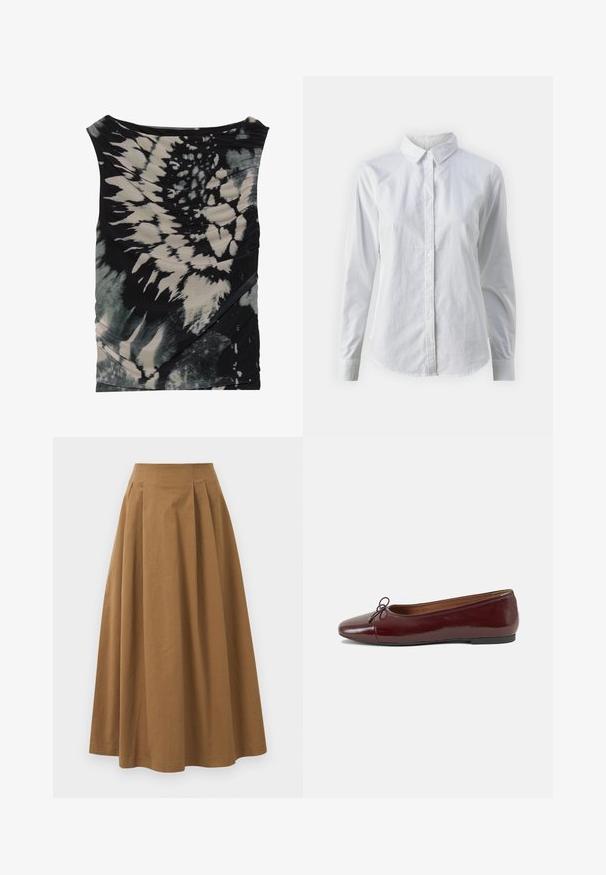 Ermeløs svart og kremfarget tie-dye topp med en drapert hals og teksturert stoff, med diagonale rynker og varierende mønstre.; Hvit skjorte med knapper laget av glatt bomull, med klassisk krage, lange ermer og buet skjær. Knapper er små og hvite.; Brun bomull A-linje skjørt med høy midje, med folder foran og en jevn tekstur. Kantene er rene og enkle.; Burgunderrød lakk lær ballettleilighet med rund tå, liten sløyfe foran og en lav, svart gummisåle. Glatt tekstur.