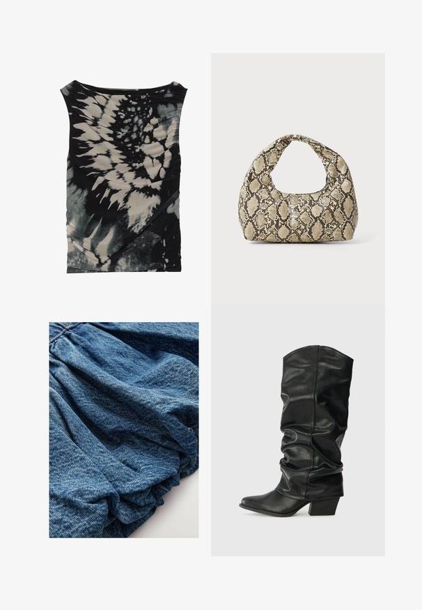 Ärmelloses Top in Schwarz und Creme mit Batikmuster, das einen drapierten Ausschnitt und strukturierten Stoff aufweist, mit diagonalen Rüschen und unterschiedlichen Mustern.; Beige Strick-Tanktops mit offenem Maschenbild. Verfügt über gewellte Kanten, ein in den Stoff eingestricktes Blumendesign und ärmellosen Schnitt.; Denimstoff in einem tiefen Blauton, mit geraffter Textur, die sanfte Falten erzeugt. Glatte Oberfläche mit subtilen Farbvariationen.; Schwarze Lederstiefel bis zum Knie mit einem rüschigen Design, spitzem Zehenbereich und breitem Absatz, mit glatter Texture und minimaler Naht.; Schlangenmuster-Tasche mit einem gebogenen Griff. Hergestellt aus strukturierten, beige- und braunfarbenen Materialien, die ein markantes Diamantmuster aufweisen.