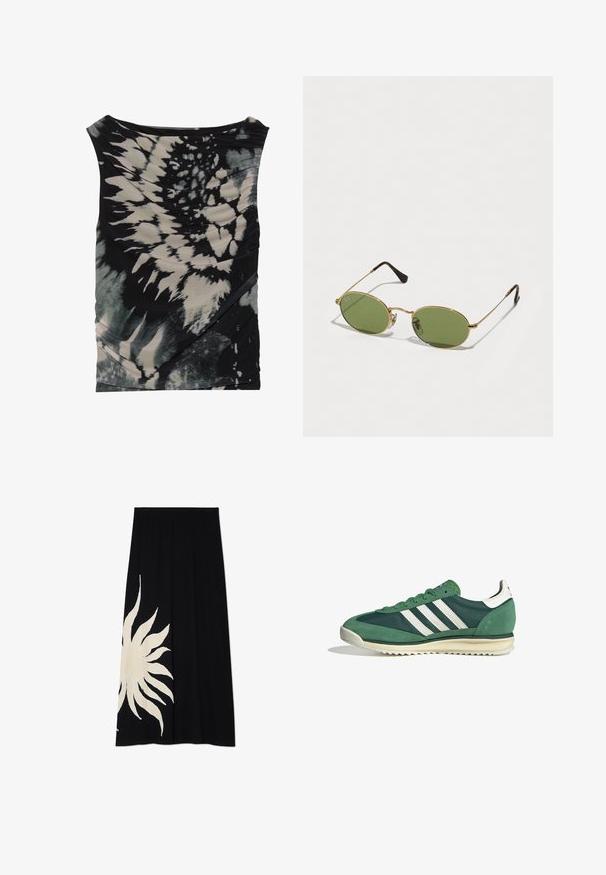 Mouwloze zwart en crèmekleurige tie-dye top met een gedrapeerde halslijn en textuurstof, voorzien van diagonale ruches en variërende patronen.; Zwarte rok met een groot wit zonnenontwerp aan één kant, zachte textuur en een vloeiende vorm, geschikt voor casual kleding.; Groene sportieve schoenen van een combinatie van suede en synthetische materialen, met drie witte strepen en een gestructureerde rubberen zool.; Ovale zonnebrillen met groene glazen, gouden metalen frame en donkerbruin plastic uiteinden. Lichtgewicht met zichtbaar Ray-Ban-logo op één glas.; Zilveren metalen oorbellen met een golvend, sculpturaal ontwerp, voorzien van een gepolijste afwerking en onregelmatige vormen, die een hedendaagse esthetiek benadrukken.