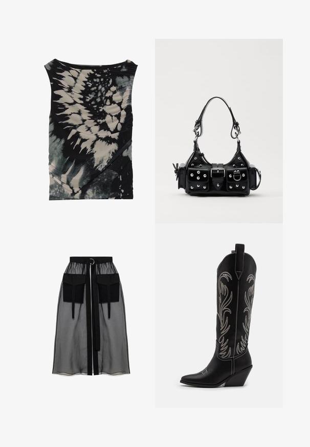 Bez piedurknēm melns un krēmkrāsas tirtuļots tops ar plūstošu dekoltē un fakturētu audumu, ar diagonālu rušinājumu un dažādiem rakstiem.; Melnā caurspīdīgā svārka ar salikto jostasvietu, kas ietver divas lielas priekšējās kabatas, jostas saitīti un apaļu metāla akcentu.; Melnas ādas kovboju zābakus ar norādītām pirkstiem, sānām paceltu papēdi un sudraba izšūtām ziedu rakstiem gar zābaka kāju. Kontrasta dūrieni visā zābakā.; Melnas ādas rokturmais ar izliekumu, ar sudraba iedurtiem, sprādzi un divām sānu kabatām. Regulējams siksniņas garums dažādām nēsāšanas iespējām.