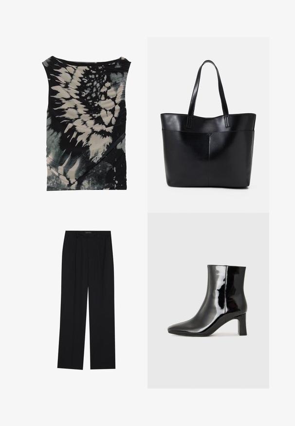 Bezrukávový čierny a krémový top s technikou batiky a drapovaným výstrihom, vyrobený z textúrovaného materiálu, s diagonálnym riasením a rôznymi vzormi.; Čierne nohavice so strihom rovného nohu, s dvoma prednými vreckami a pásom. Vyrobené z hladkej, ľahkej textílie.; Čierne lakované členkové topánky s špicatou špičkou a stredne vysokým blokovým podpätkom. Hladká textúra a minimalistický dizajn.; Čierna kožená tote taška s dvoma dlhými rúčkami, hladkým povrchom a štruktúrovaným tvarom. Obsahuje prednú kapsu pre dodatočné uskladnenie.