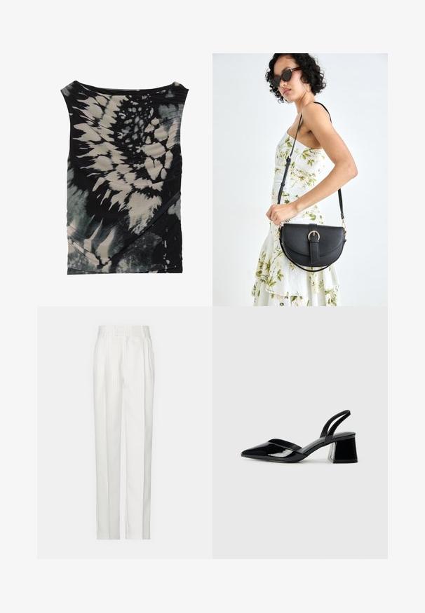 Juodas ir kremas be rankovių tie-dye marškinėliai su drapiruotu iškirpimu ir tekstūruotu audiniu, su įstrižais raukiniais ir skirtingais raštais.; Balti dryžuoti kelnės su tiesiu kojų dizainu, pagamintos iš lengvos medžiagos. Priekyje turi klostes ir tradicinį juosmenį.; Juodos lakuotos odinės šlepetės su smailiu pirštu ir geometriniu bloko kulnu. Turi elegantišką, minimalistinį dizainą ir lygų paviršių.; Juodas odinis krepšys su išlenkta forma, nuimamu dirželiu ir auksiniais detalėmis. Krepšys turi kilpą su sagtimi.