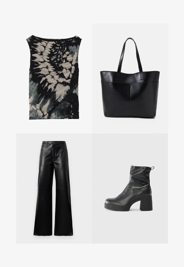 Sleeveless black and cream tie-dye top with a draped neckline and textured fabric, featuring diagonal ruching and varying patterns.; Black high-waist wide-leg faux leather pants with front button, zip closure, belt loops, and side pockets on white background.; Black ankle boots made of smooth leather, featuring a side zipper, chunky textured heel, and rounded toe design.; Black leather tote bag with two long handles, a smooth texture, and a structured shape. Features a front pocket for additional storage.