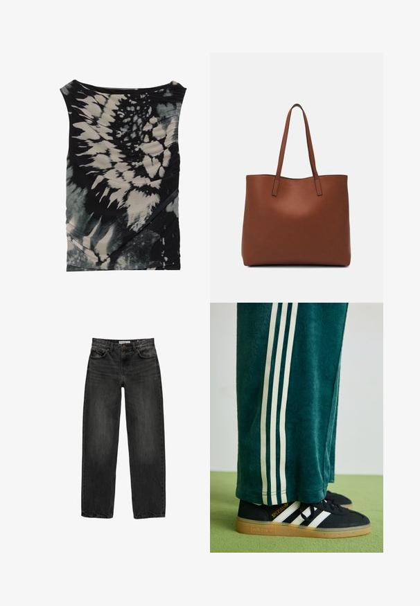 Top fără mâneci, negru și crem, cu un decolteu în drapaj și un material texturat, având fronzuri diagonale și modele variate.; Blugi negri din denim cu o croială lejeră, picior drept, design cu cinci buzunare și o textură ușor decolorată. Închidere cu nasture și fermoar în față.; Pantaloni verzi texturati cu dungi albe pe lateral, asortați cu adidași negri Adidas cu trei dungi albe și o talpă din cauciuc.; Geantă de umăr din piele maro cu o textură netedă, design cu vârf deschis și două curele pentru umăr. Prezintă cusături minime și fără componente metalice vizibile.