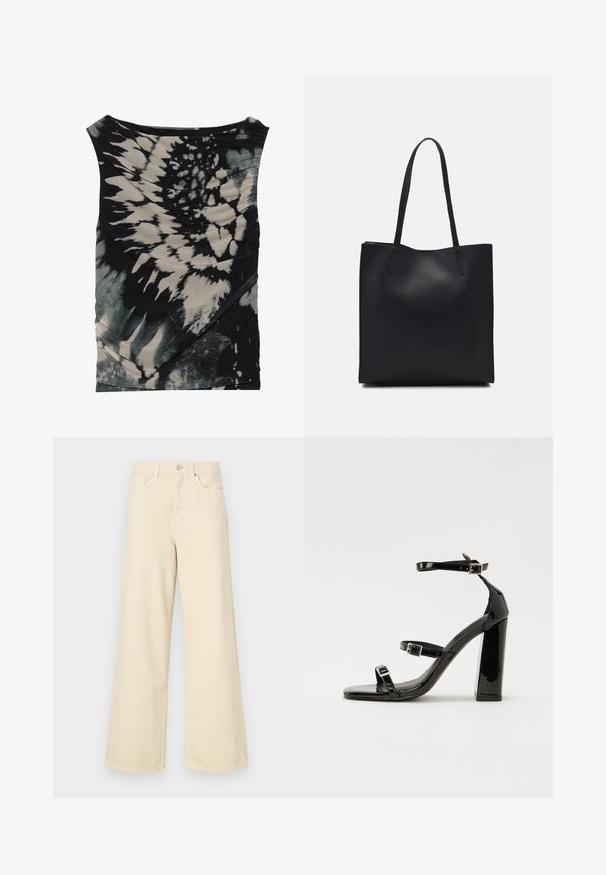 Mouwloze zwart en crèmekleurige tie-dye top met een gedrapeerde halslijn en textuurstof, voorzien van diagonale ruches en variërende patronen.; Beige wijde jeans gemaakt van katoen. Voorzien van een knoopsluiting, riemlussen en voorzakken met een gladde, zachte textuur.; Zwarte gepatenteerde sandalen met hak en een vierkante neus, enkelbandjes en zilveren gespen. Heeft een stevige blokhak voor stabiliteit.; Zwarte leren handtas met een gladde textuur, rechthoekige vorm en twee lange handvaten. Geen zichtbare hardware of versieringen.