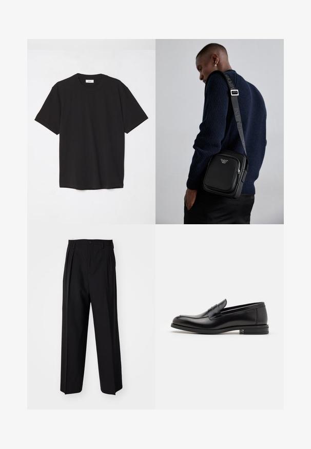 Melna kokvilnas T-krekls ar apaļu kakla izgriezumu, īsām piedurknēm un brīvu piegulšanu. Vienkāršs dizains, gluda tekstūra un bez redzamām rakstiem vai logotipiem.; Melnas plisētās bikses ar taisnu, plata kāja dizainu. Izgatavotas no gludas auduma, ar pogu aizdari un jostas cilpiņām.; Melnas ādas kurpes ar gludu tekstūru, noapaļu purngalu un dekoratīvu siksniņu pāri priekšpusei. Zems sakrauts papēdis, minimālisma dizains.; Melnas ādas plecu soma ar rāvējslēdzēja nodalījumu, logotipa detaļām un markētu regulējamu siksnu. Valkāta kopā ar teksturētu tumši zilu džemperi.