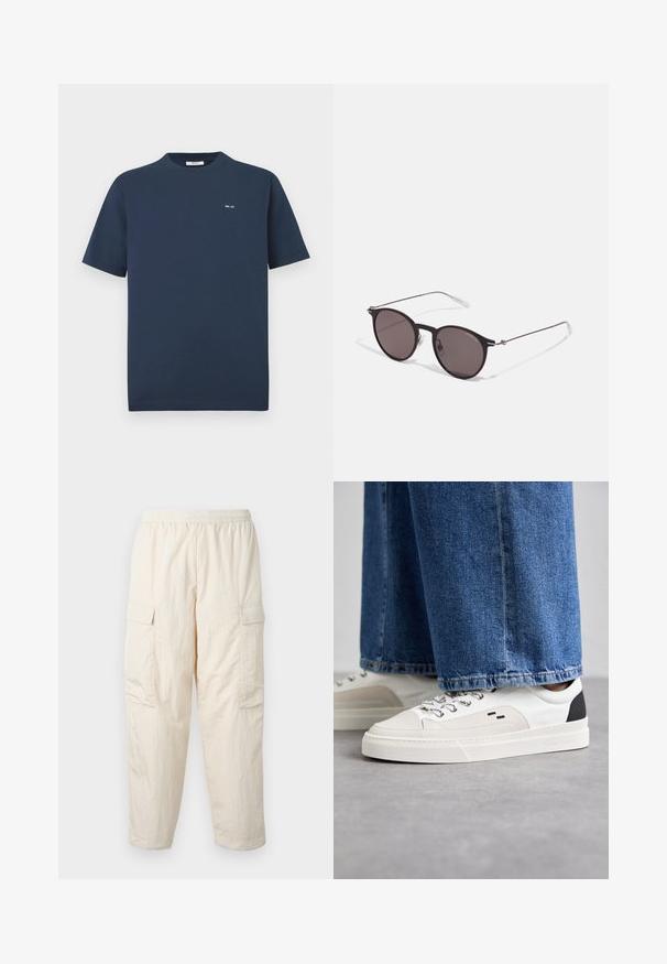 Navy blue short-sleeve t-shirt with crew neck and small white "NN. 07" logo on left chest against a white background.; Beige cargo pants with an elastic waistband, featuring two side pockets and a soft, lightweight fabric. Wrinkled texture.; White and black sneakers with a smooth leather upper, textured accents, and a chunky white sole. Features a classic lace-up design.; Black round sunglasses with dark lenses and slim metal arms. Includes clear temple tips and silver accents at the hinge. Minimalist design.