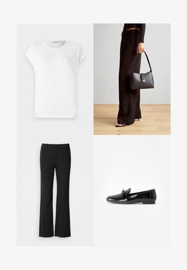 T-shirt blanc à manches courtes avec un col rond, texture douce et design simple. Lignes épurées avec une coupe décontractée.; Pantalons en mélange de coton noirs avec une coupe droite, fermeture à bouton sur le devant et deux poches latérales. Texture lisse, sans motifs visibles.; Loafer en cuir verni noir avec une semelle plate, un bout arrondi et une sangle décorative agrémentée d'un accent doré. Fini lisse et brillant.; Sac à main noir à la forme structurée, texture lisse et fermoir métallique. Associé à un pantalon noir ample et des sandales ouvertes sur un sol en bois.
