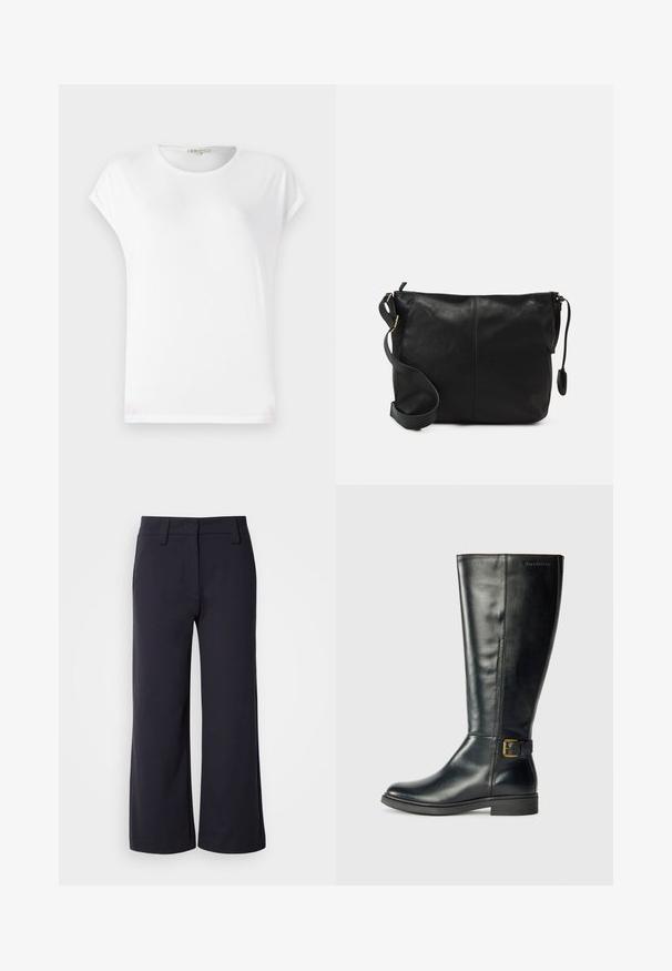 Witte t-shirt met korte mouwen en een ronde hals, zachte textuur en een eenvoudig ontwerp. Strakke lijnen met een relaxte pasvorm.; Wijd-zittende broek in donkerblauwe stof. Heeft een vlakke voorkant, riemlussen en zijzakken. Het materiaal is glad met een lichte stretch.; Zwarte leren laars tot de knie met een gladde afwerking, ronde neus en een detail met een zijgesp; subtiele stiksels langs de naden.; Zwarte leren schoudertas met een platte vorm, gouden hardware-accenten en een verstelbare schouderband. Gladde textuur met minimale stikdetails.