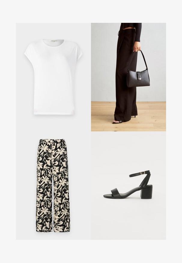 Bijela majica kratkih rukava s okruglim izrezom, mekog tekstura i jednostavnim dizajnom. Čiste linije s opuštenim krojem.; Crne široke hlače s kremastim cvjetnim uzorkom. Izrađene od lagane tkanine, sa glatkom teksturom i visokim pojasom.; Crne sandale na visoku petu s glatkim kožnim gornjim dijelom, otvorenom kapicom, širokim prednjim trakama i podesivim remenom oko gležnja s detaljem zlatne kopče.; Crna torba s oblikom koji sadrži strukturu, glađu teksturu i metalnu kopču. Uparena s širokim crnim hlačama i sandalama na otvorenom s drvenog poda.