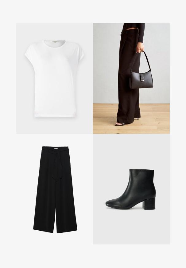 Hvit t-skjorte med korte ermer og rund hals, myk tekstur og et enkelt design. Rene linjer med en avslappet passform.; Svart vide bukser med teksturert stoff, elastisk midje og avtagbart belte som gir justerbar passform.; Sorte skinn ankelsko med spiss tå og chunky hæl. Glatt tekstur med minimale detaljer og et elegant, tettsittende design.; Svart håndveske med strukturert form, jevn tekstur og metallisk lås. Kombinert med brede svarte bukser og sandaler med åpen tå på tregulv.