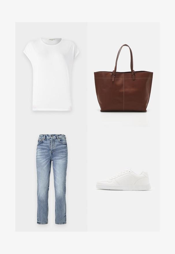 Valge lühikeste varrukatega T-särk, millel on ümar kaelus, pehme tekstuur ja lihtne disain. Puhtad jooned ja lõdva istuvusega.; Heledsinine denimist teksad sirge lõikega, kõrge vöökoht, pleekinud tekstuur ja viis taskut. Omab metallist nööpi ja tõmblukk. ; Valged tossud, mis on valmistatud siledast sünteetilisest materjalist, ümarate varvastega, paeltesse sisestatav disain, tasasel tald ja peene perforatsiooniga detailid.; Pruun nahast käekott kahekordsete käepidemetega, millel on kontrastõmblused ja avar disain, sobib igapäevaseks kasutamiseks.