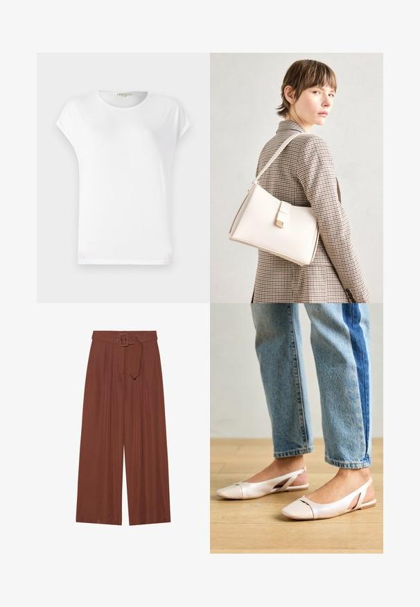 Biała krótka koszulka z krótkim rękawem, okrągłym dekoltem, miękką fakturą i prostym wzorem. Czyste linie z luźnym krojem.; Spodnie o szerokich nogawkach w brązowym materiale, z paskiem z kwadratową klamrą, plisowanym wzorem i gładką teksturą.; Jasnoróżowe baleriny na odkrytej pięcie z wąskim noskiem, wykonane z gładkiego materiału imitującego skórę. Posiadają wycięcia po bokach oraz płaski obcas.; Biała skórzana torebka o strukturalnym wzorze, z magnetycznym zapięciem i paskiem na ramię, zaprezentowana na neutralnym tle.