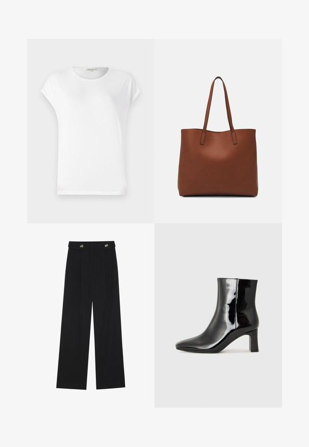 Weißes T-Shirt mit kurzen Ärmeln und rundem Halsausschnitt, weicher Textur und einem schlichten Design. Klare Linien mit einer lässigen Passform.; Schwarze weite Hosen mit hoher Taille, Knopfdetails am Bund und vorderen Falten.; Schwarzer Lackleder-Stiefelette mit spitzer Zehe und einem mittelhohen Blockabsatz. Glatte Textur und minimalistisches Design.; Braune Leder-Tote mit glatter Textur, offenem Oberteil und zwei Schulterriemen. Verfügt über minimale Nähte und keine sichtbaren Beschläge.