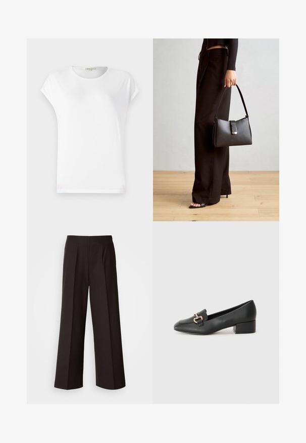 Valge lühikeste varrukatega T-särk, millel on ümar kaelus, pehme tekstuur ja lihtne disain. Puhtad jooned ja lõdva istuvusega.; Mustad laiade jalgadega püksid, millel on lame eesmine osa, voltide ja sileda kangast tekstuur. Omab kõrget taljet ja kohandatud lõiget struktureeritud sobivuse tagamiseks.; Mustad nahast loafers madala kontsaga, millel on esiküljel dekoratiivne kuldne detalj ja sile tekstuur.; Must musta kott, millel on struktureeritud kuju, sile tekstuur ja metallist klamber. Kombineeritud laiate mustade pükstega ja avatud varvaste sandaalidega puidust põrandal.