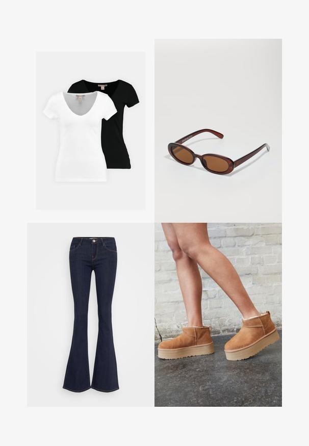 To korteermede V-hals t-skjorter, en i hvit og en i svart, laget av myk stoff, med et enkelt design uten synlige mønstre.; Mørke denim flared jeans med en tettsittende midje, med frontknapplukking, fem lommers design og sømdetaljer langs beina.; Brune daim ankelstøvler med en bløt foring, tykk beige plattformsåle og en bakre trekkflik. Teksturert overflate med synlige stikningsdetaljer.; Runde, brune solbriller med en blank burgunderfarvet ramme. Slanke arme med subtile brandingdetaljer. Flad linse design.