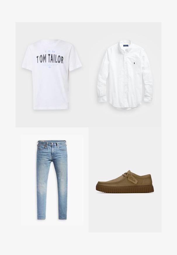 Bijela pamučna majica s okruglim izrezom i kratkim rukavima. Ima plavi i crni otisak s natpisima: "TOM TAILOR," "STREETS OF HAVANA," i brojevima.; Bijela košulja dugih rukava s gumbima izrađena od pamuka. Ima klasični ovratnik, gumbaste manžete i mali brodasti logo u tamnoplavoj boji na prsima.; Svijetloplave uske traperice s laganim izblijedjenjem na bedrima, prednje kopčanje na dugme, petlje za remen i pet džepova na bijeloj pozadini.; Svijetlosmeđi nubuk cipele s okruglim vrhom, šavovima detaljima i rebrastom smeškom gumom. Ima bočnu oznaku s "Clarks" logotipom.