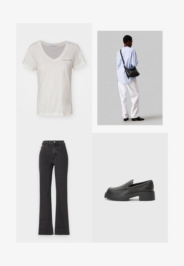 Balta kokvilnas T-kreklā ar V veida kakla izgriezumu un īsām piedurknēm. Uz kreisās krūtis atrodas neliels Calvin Klein Jeans logo. Gluda tekstūra.; Melnas augstā jostasvietā plati izgrieztas džinsus no denima, ar pogu aizdari, jostas cilpām un sānu kabatām. Gluda tekstūra ar minimālu izbalēšanu.; Melnas ādas mokasīni ar noapaļotu purngalu, biezs teksturēts zoles un minimālas dūriena detaļas. Gluds dizains bez redzamām auklām vai metāla elementiem.; Melna ādas plecu soma ar mīkstu tekstūru, trīsstūra formu un regulējamu siksnu, apvienota ar gaiši zilu svītrotu krekli un baltām biksēm.